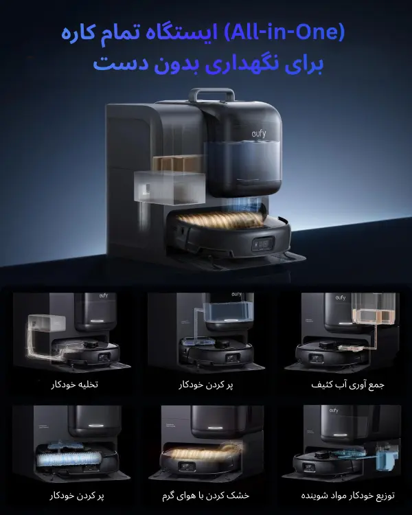 ایستگاه تمام کاره All-in-One جارو رباتیک یوفی E28 Omni برای نگهداری خودکار بدون دخالت دست
